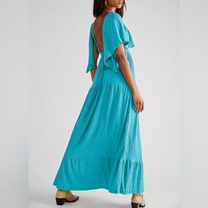 Turquoise Boho Maxi Dress | Flutter Sleeves Resort Vacation Dress | Size M